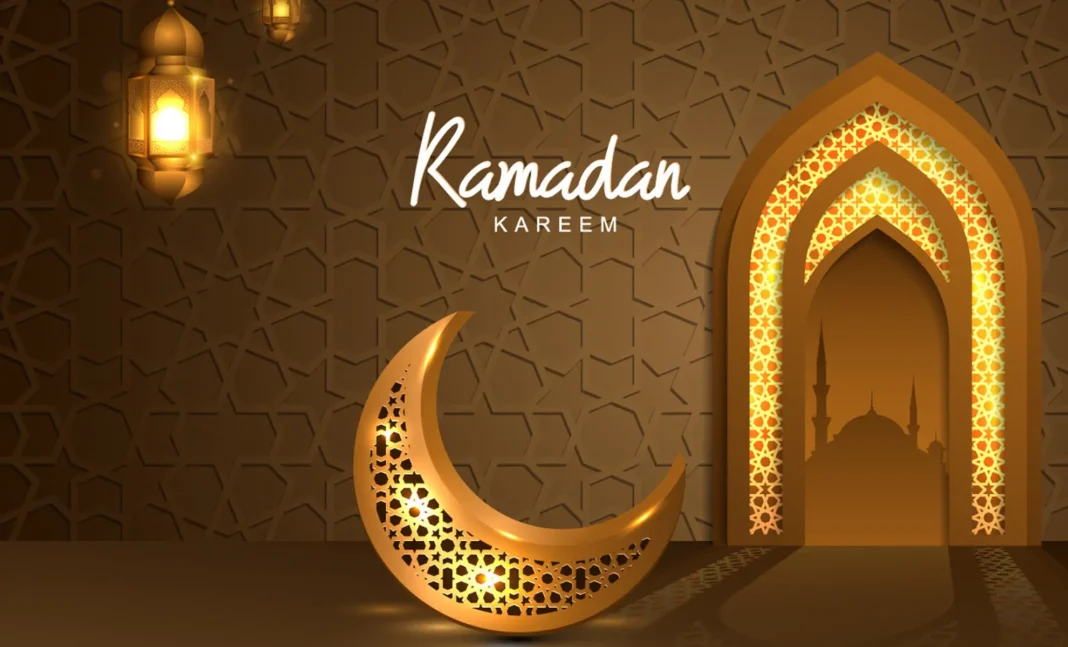 Célébration du Ramadan avec lune et mosquée Illustration Ramadan avec lune, mosquée et lanternes dorées.