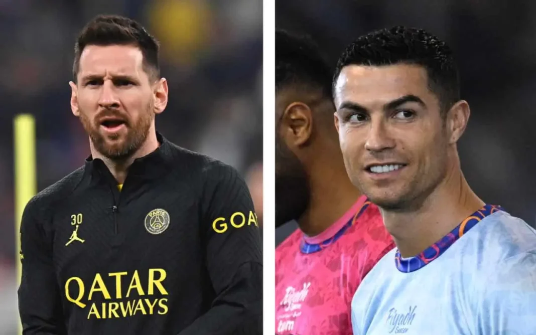 Éternel débat! Messi ou Ronaldo? Rayan Cherki choisit… Messi et Ronaldo, légendes du football, lors d'un match.