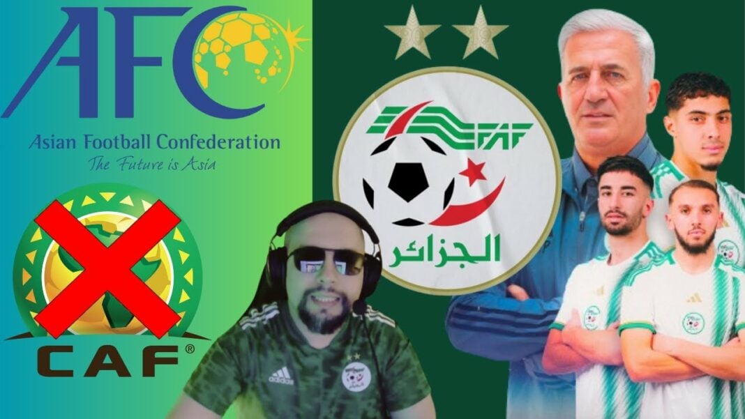 L’Algérie quitte la CAF ? La FAF donne officiellement sa version ! Logo de la CAF et de la FAF avec des joueurs algériens et un officiel.