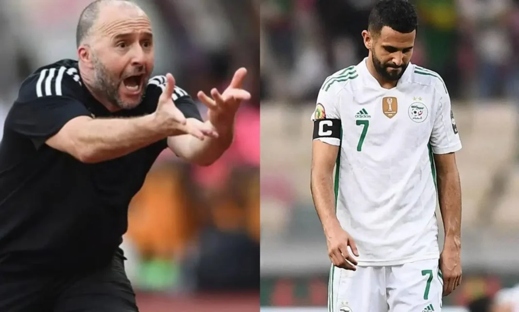 Djamel Belmadi et Riyad Mahrez Djamel Belmadi et Riyad Mahrez lors d'un match de football.