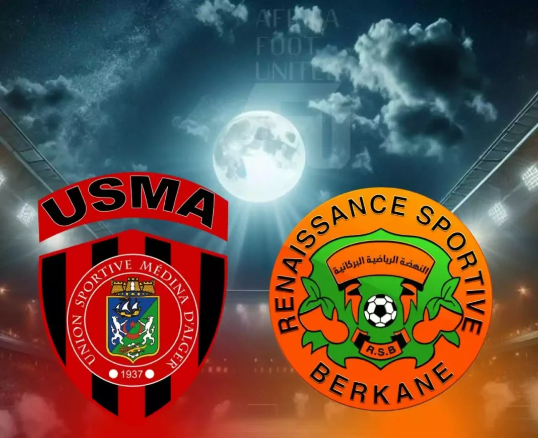 Match USMA vs RS Berkane en finale Logo de l'USMA et de la RS Berkane sous un ciel nocturne avec pleine lune.