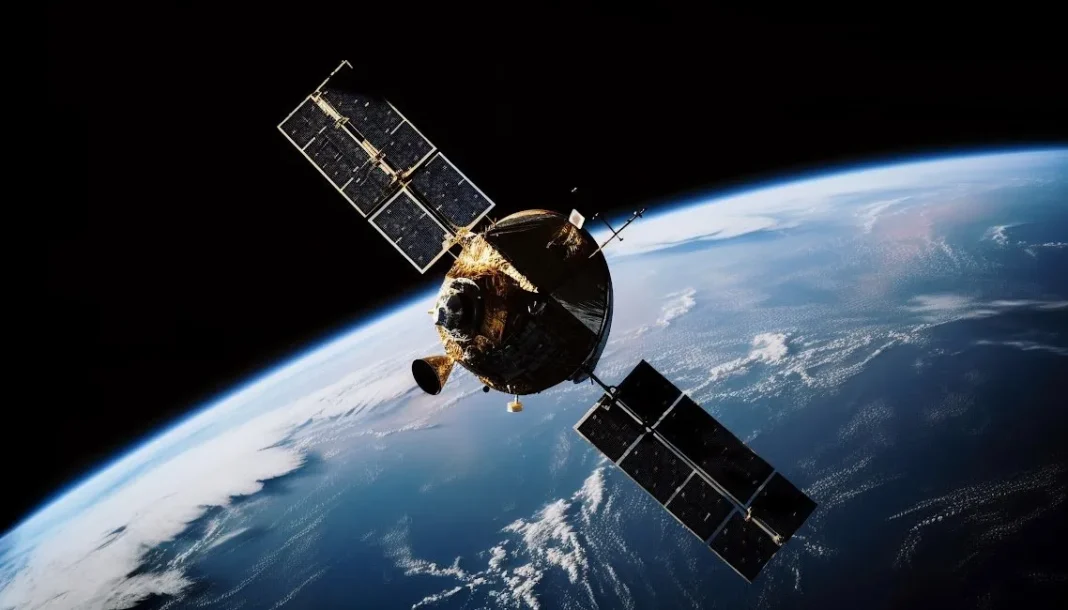 Satellite en orbite terrestre avec la planète en arrière-plan.