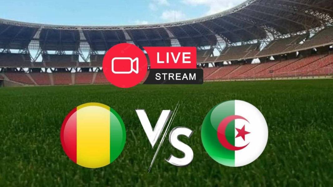 Stade de football avec logos de l'Algérie et de la Guinée pour le match en direct.