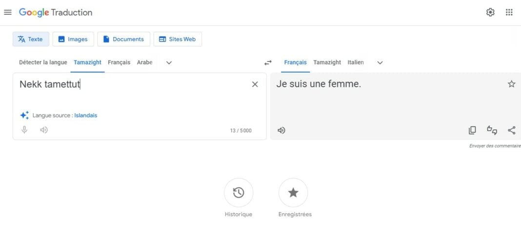Google Traduction ajoute 110 nouvelles langues : focus sur le Tamazight Capture d'écran de Google Traduction avec traduction Tamazight.