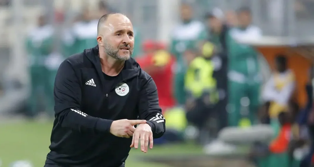 Djamel Belmadi en action lors d'un match Djamel Belmadi, entraîneur des Verts, sur le terrain lors d'une rencontre de football.