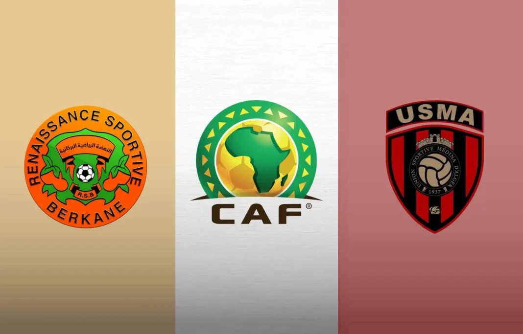 USM Alger vs RS Berkane : le club dz s’en sort héroïque, nonobstant les vents contraires Logos des équipes USMA et RS Berkane lors d'un match de football.