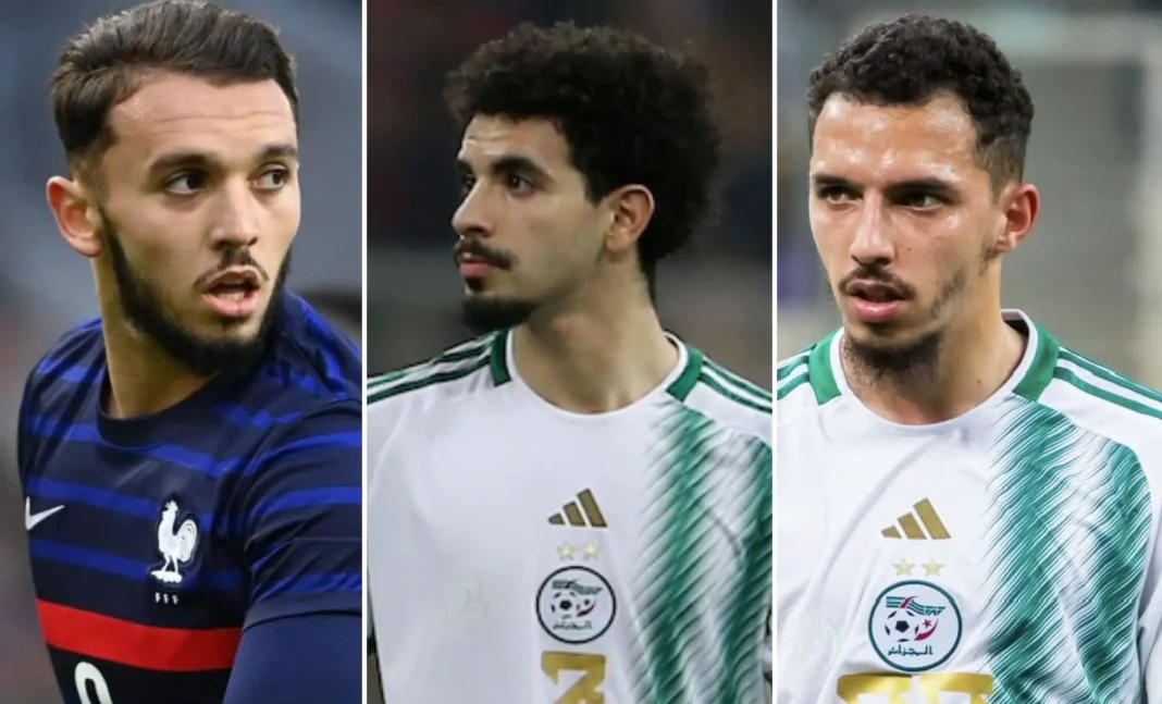 10 joueurs algériens les plus chers de 2024 : Aït Nouri en tête, Belaili absent Trois joueurs algériens en action lors d'un match de football.