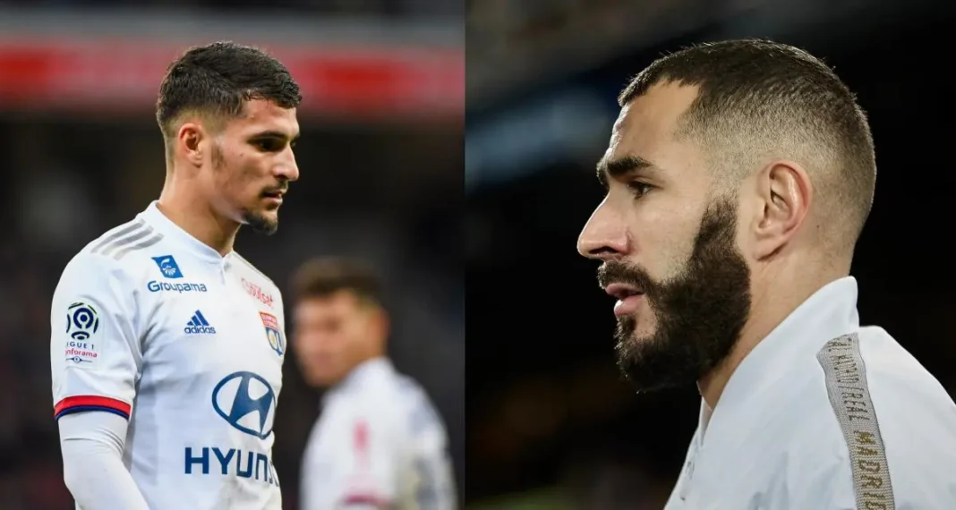 Houssem Aouar et Benzema lors d'une passe spectaculaire en match.