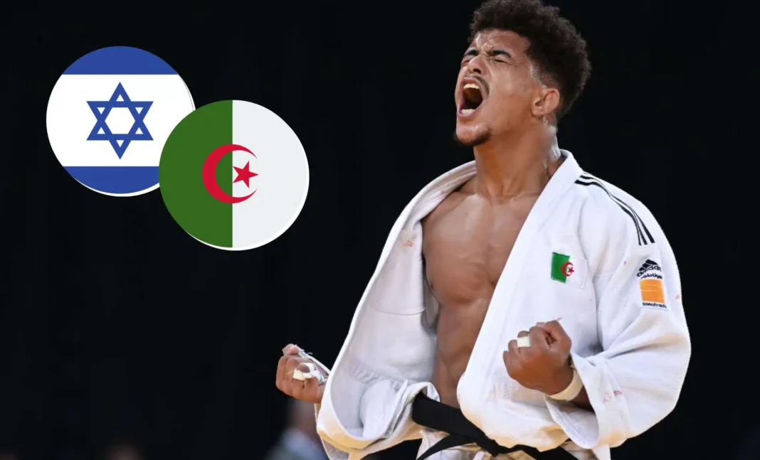 Judo Algérie vs Israël 2024 Judoka algérien célébrant sa victoire lors des JO de Paris 2024.