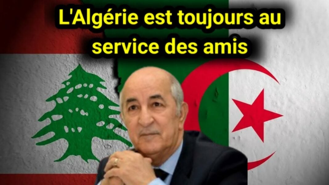 L'Algérie et l'amitié avec le Liban Homme en costume devant drapeaux de l'Algérie et du Liban.