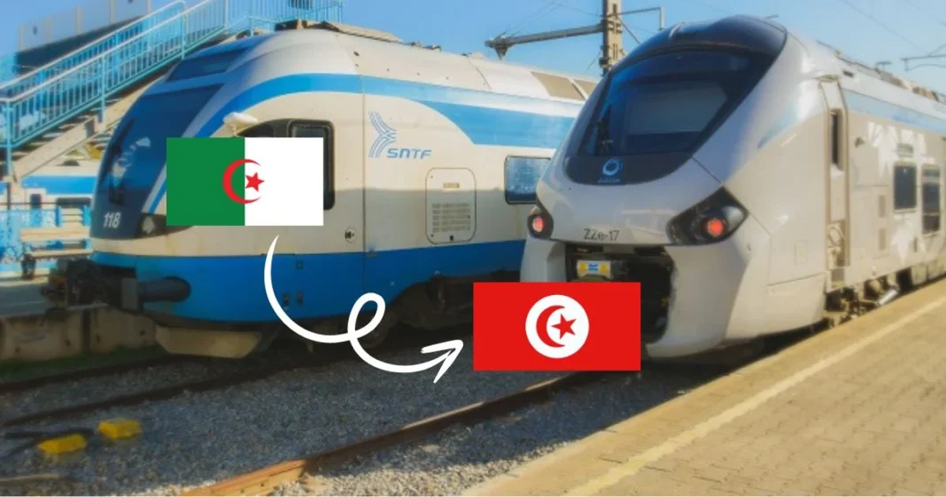 Reprise du train Tunis-Annaba Train Tunis-Annaba avec drapeaux algérien et tunisien.