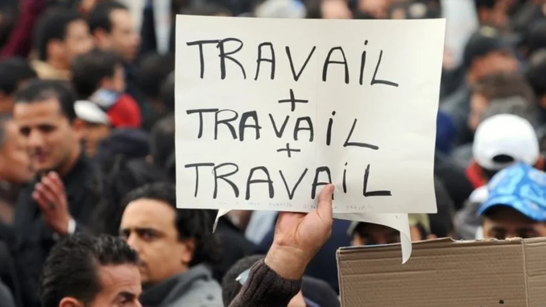 Groupe de jeunes manifestants avec une pancarte 'Travail + Travail'.