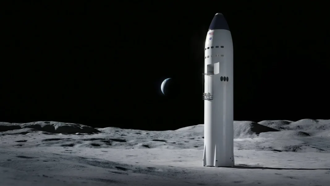 Programme lunaire de la NASA : L’Algérie représentée, un exploit inédit et inscrit dans les annales scientifiques Fusée en lancement sur la surface lunaire avec la Terre en arrière-plan.