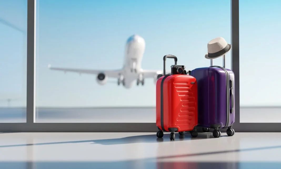 Le saviez vous? Tassili Airlines est la compagnie offrant la meilleure franchise bagage Valises rouges et violettes devant une fenêtre avec avion en vol.