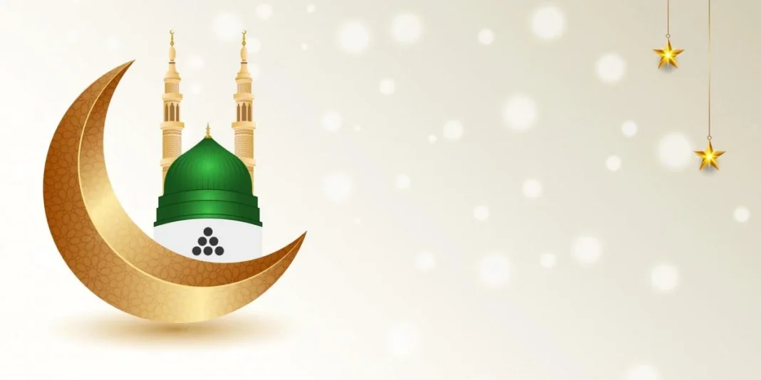 Mawlid Ennabaoui 2024 : Le ministère algérien des affaires religieuses annonce la date officielle Illustration de la lune, du minaret et du dôme vert pour Mawlid Ennabaoui 2024.
