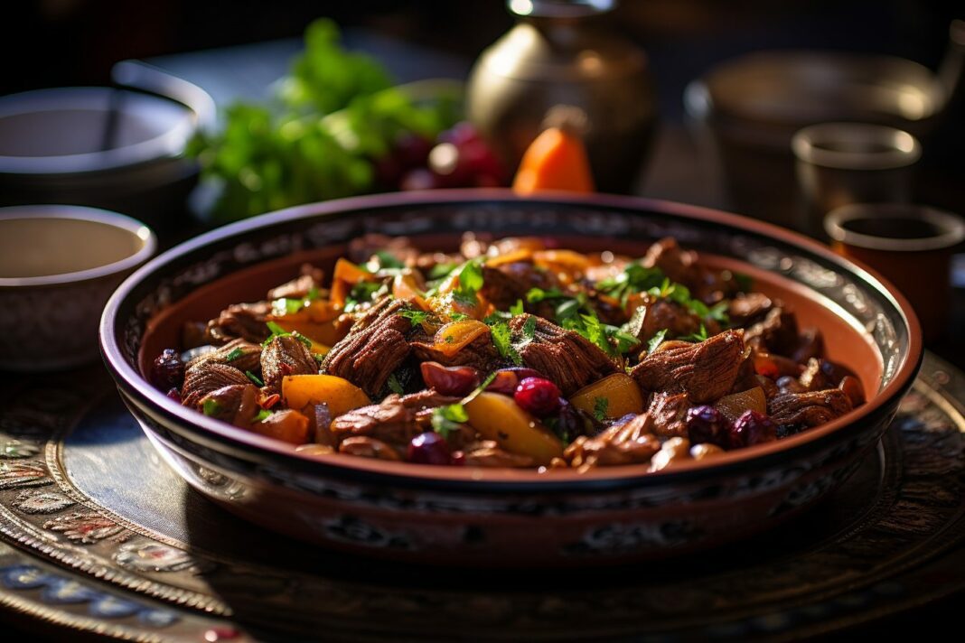Tajine Maghrébin traditionnel Tajine riche en viande, légumes et épices du Maghreb.