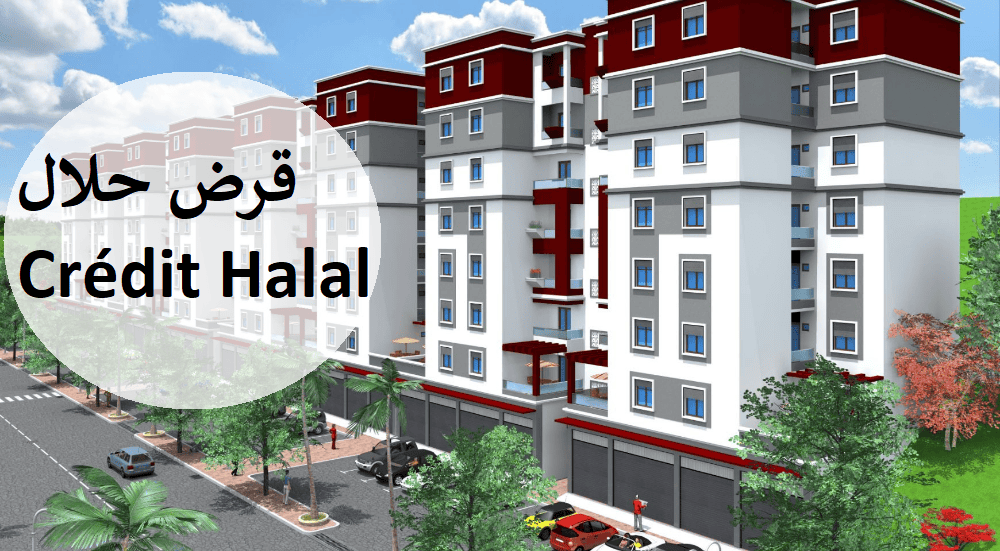 Crédit immobilier halal : une nouvelle offre pour la diaspora algérienne Immeuble résidentiel moderne avec logo Crédit Halal en premier plan.