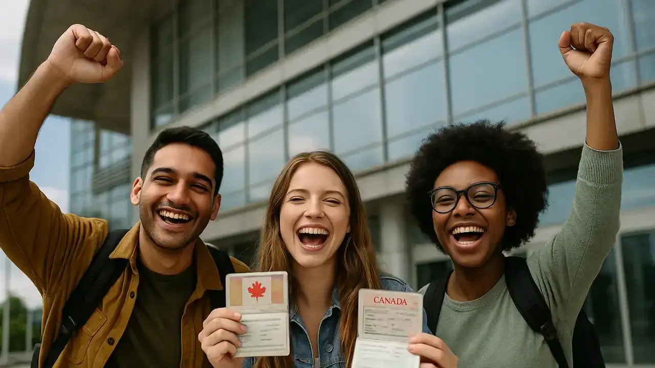 Trois étudiants souriants avec leurs visas d'études au Canada.