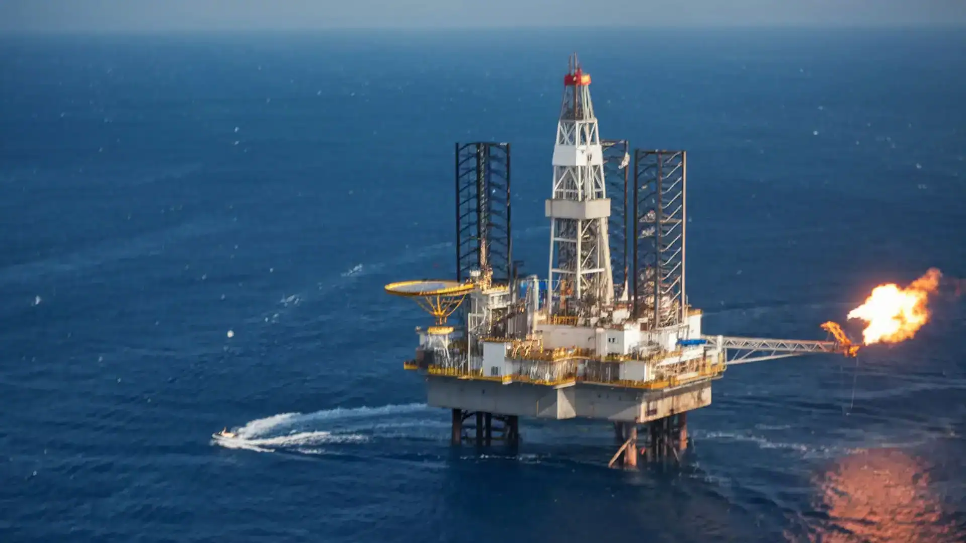 Chevron explore le pétrole offshore en Algérie : Les raisons Plateforme pétrolière en mer avec flamme de forage en Algérie.