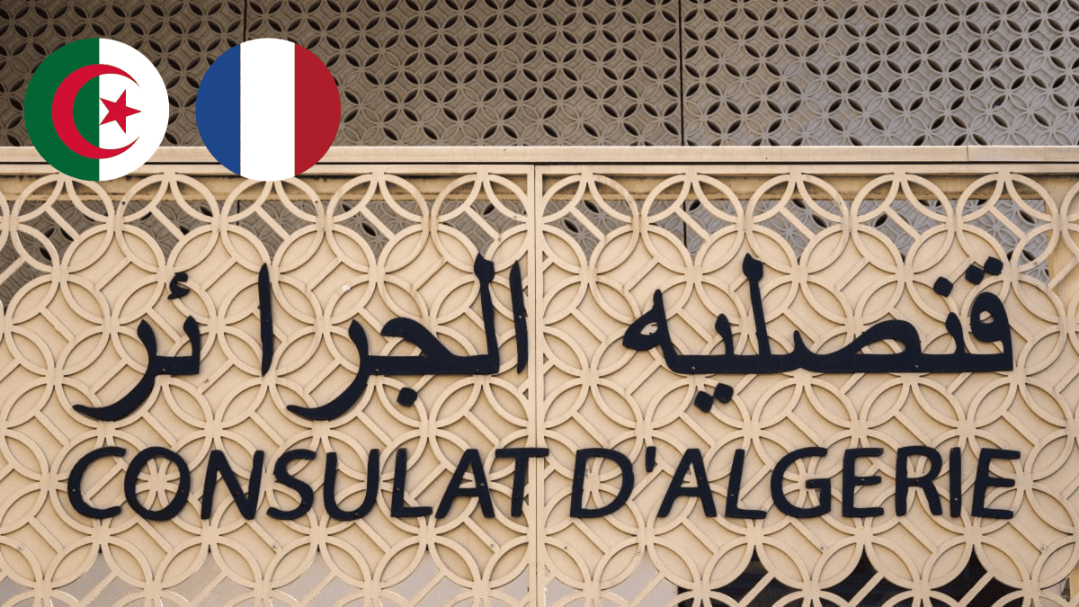 Permanence rare au consulat d’Algérie : passeports et CNI Façade du consulat d'Algérie avec motifs en pierre et drapeaux.