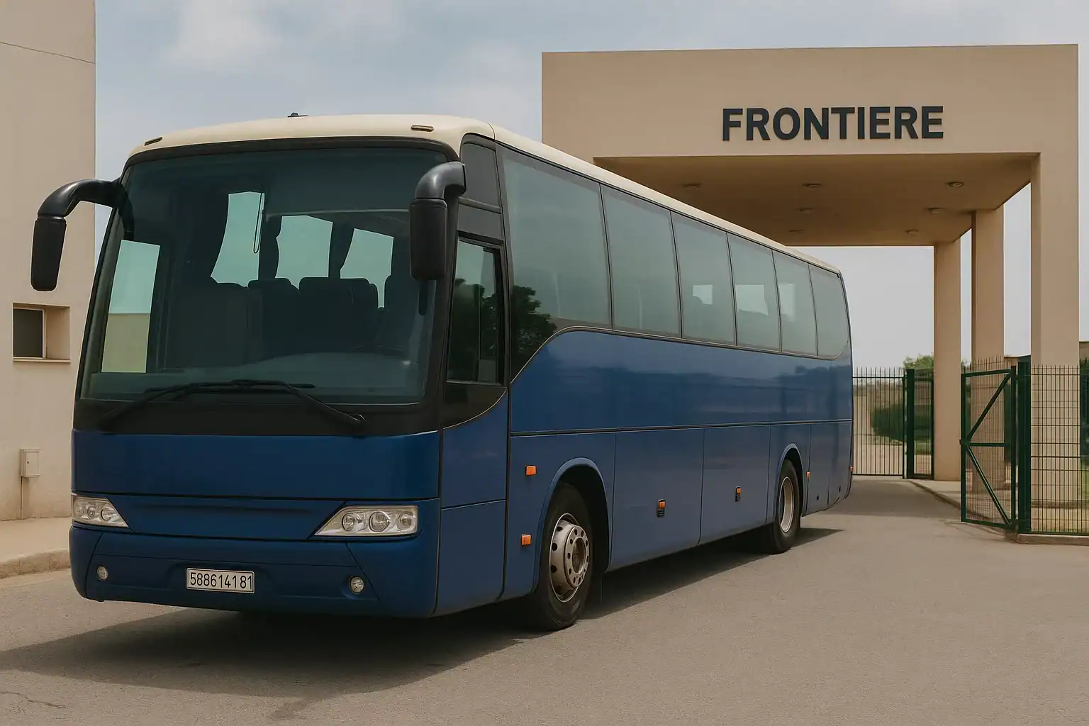 Bus bleu stationné près de l'entrée de la frontière.