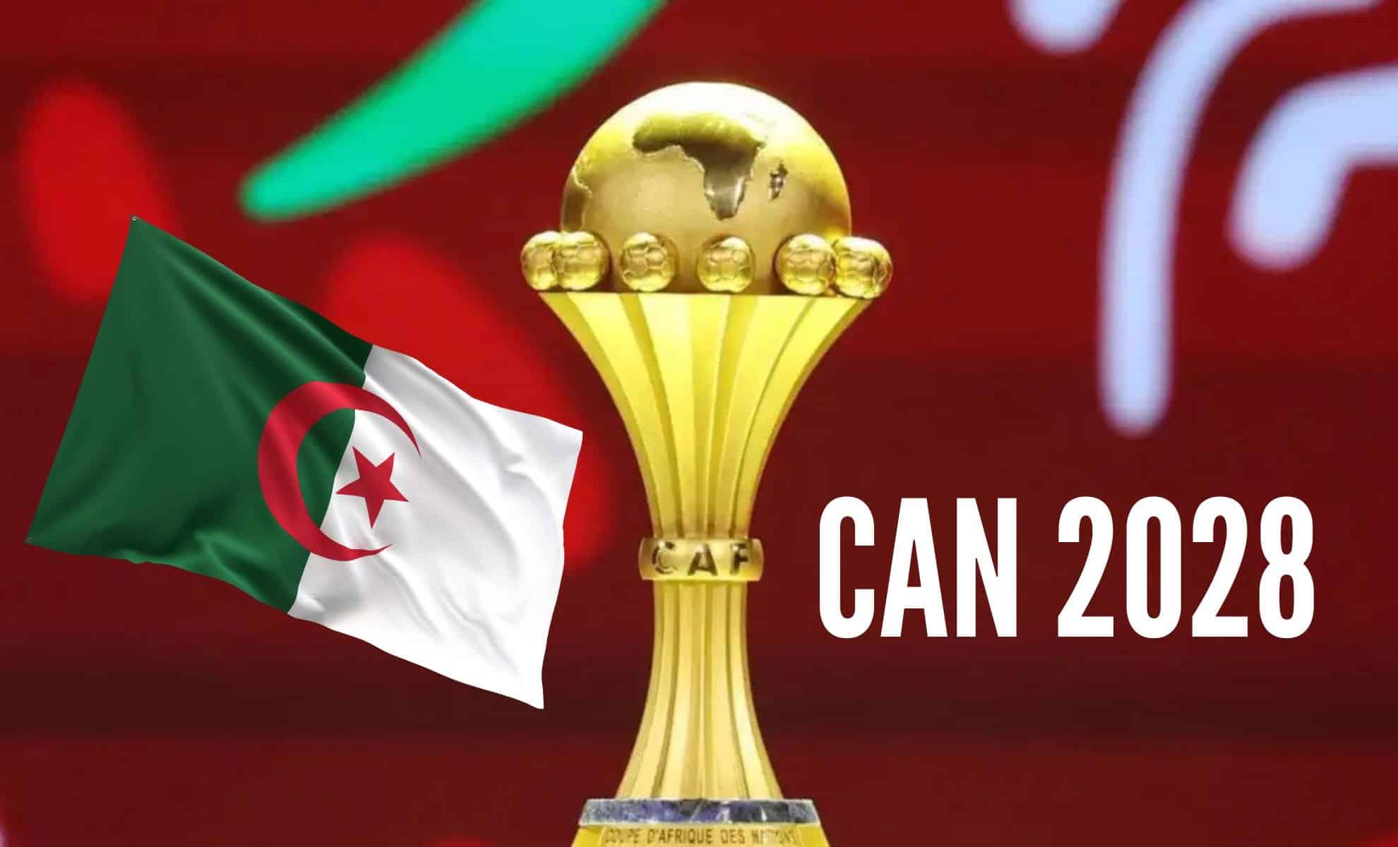 CAN 2027 : voici le calendrier complet de l’Algérie Trophée de la CAN 2028 avec drapeau algérien en arrière-plan.