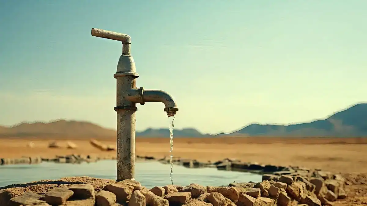 Robinet d'eau fuyant dans un paysage désertique en Algérie.