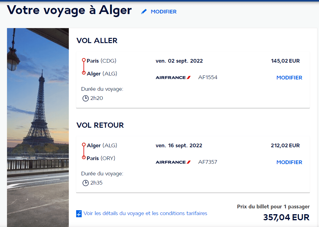 Vol aller et retour Paris-Alger pour été 2026 avec Air France.