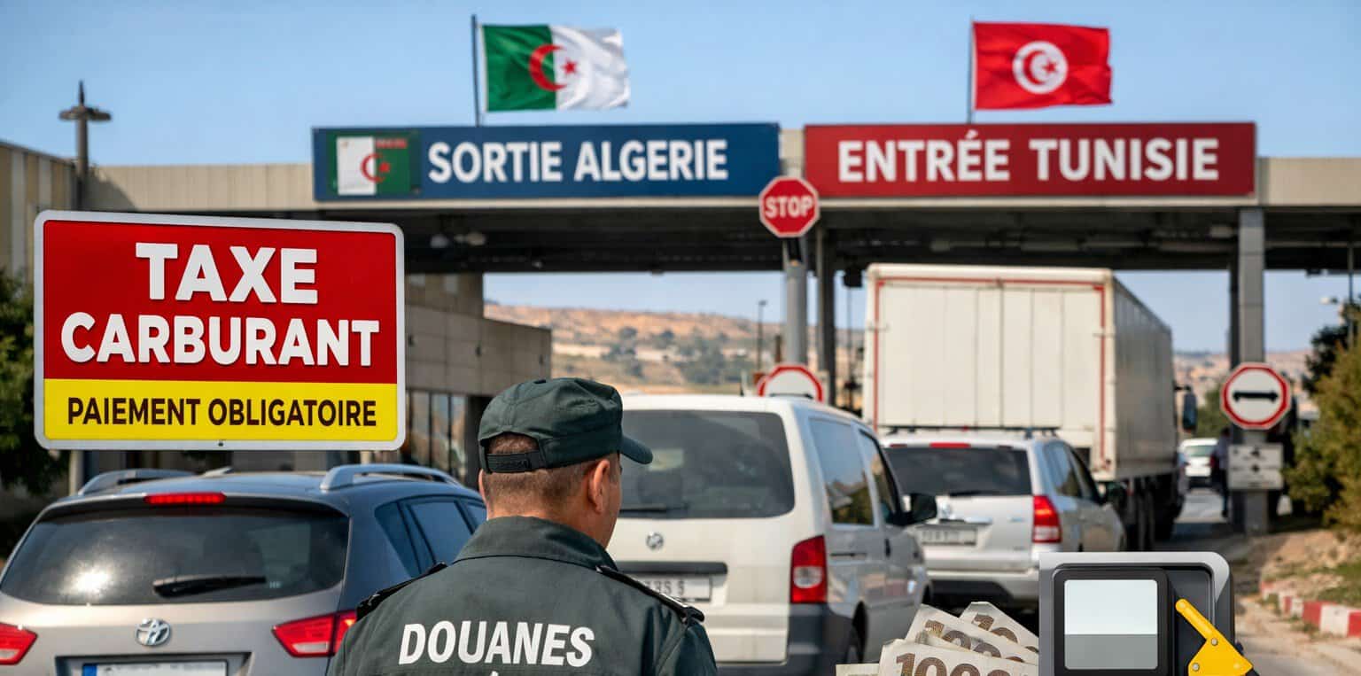Poste frontière Algérie-Tunisie avec drapeaux et signalisation.