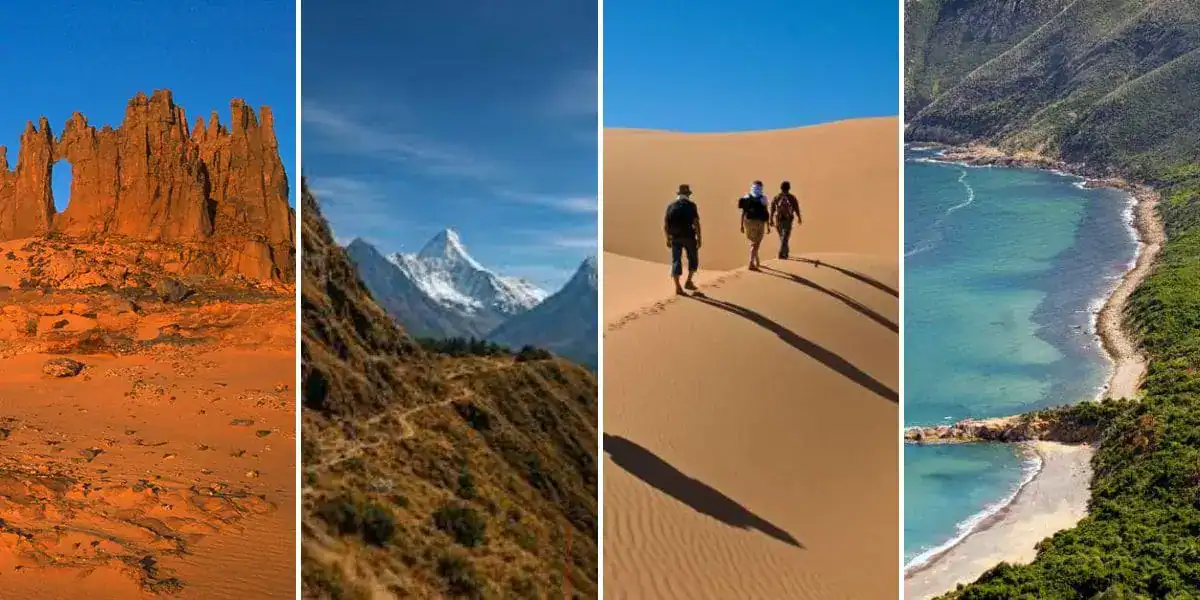 Divers paysages d'Algérie : désert, montagnes, plage et dunes.