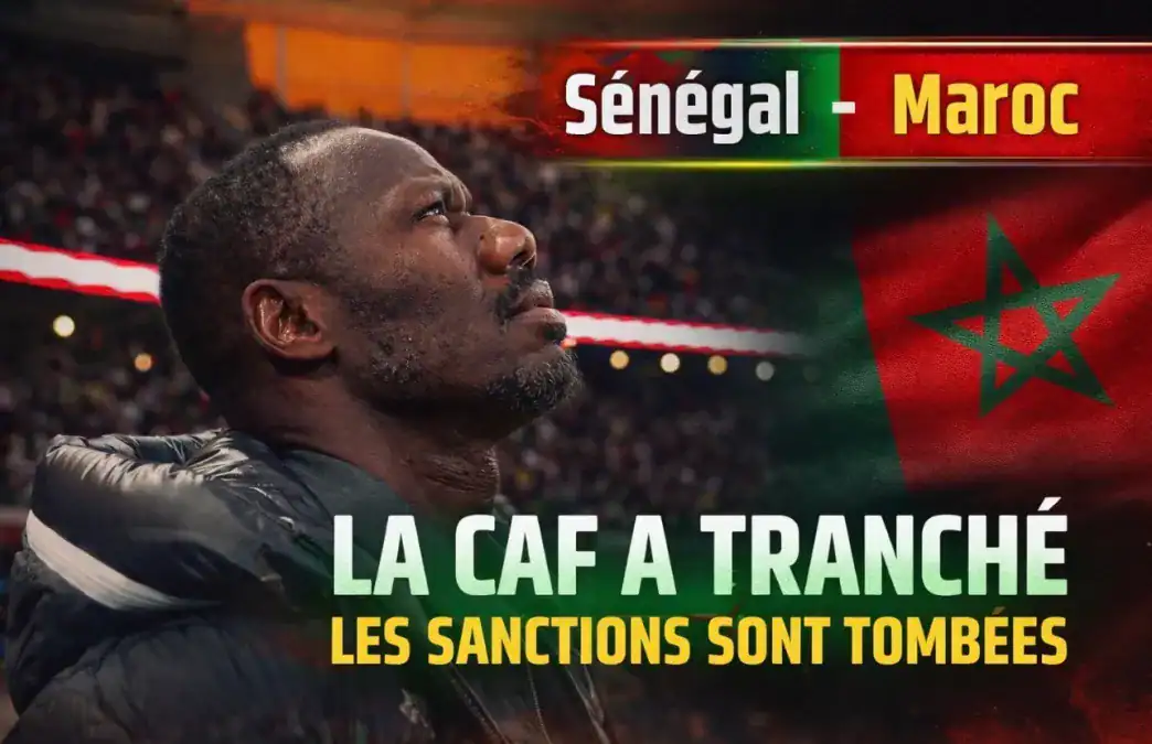 Verdict CAF Sénégal-Maroc Image d'un homme regardant vers le haut avec drapeau du Maroc en arrière-plan.