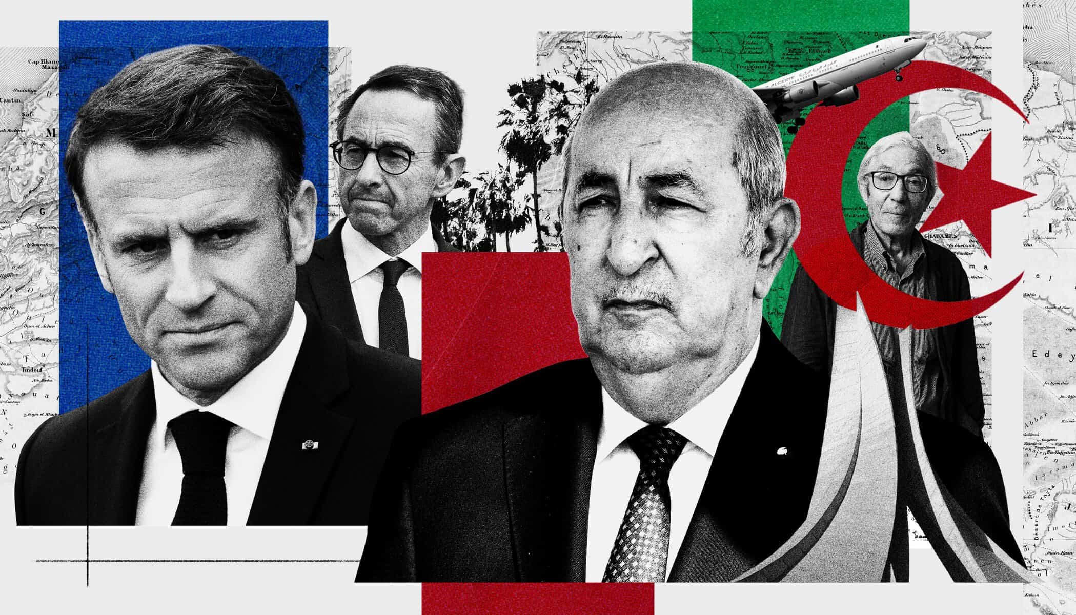 Image de dirigeants français et algérien avec drapeaux et symboles politiques.