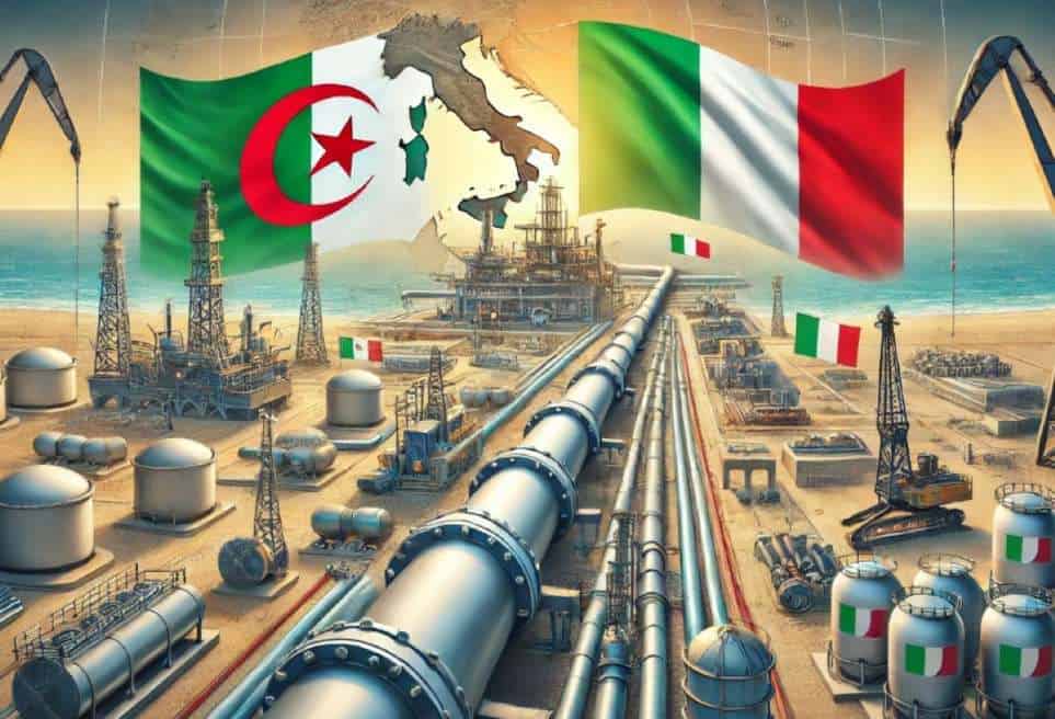 Gazoduc reliant l'Algérie à l'Italie avec drapeaux et plateforme pétrolière.