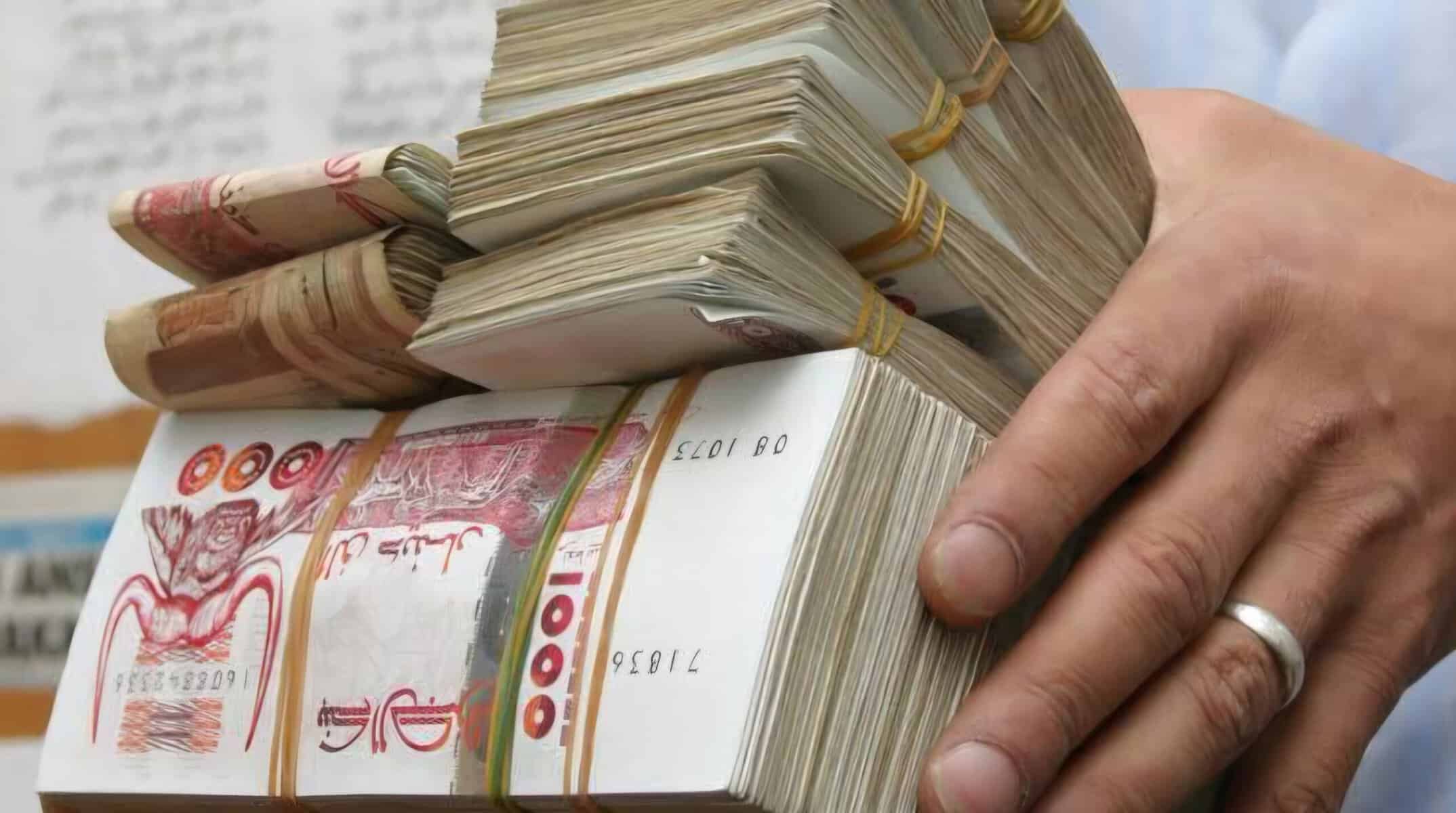 Gros plan sur des billets de banque algériens en main.