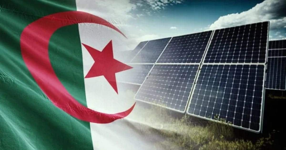 Panneaux solaires avec drapeau algérien en arrière-plan.