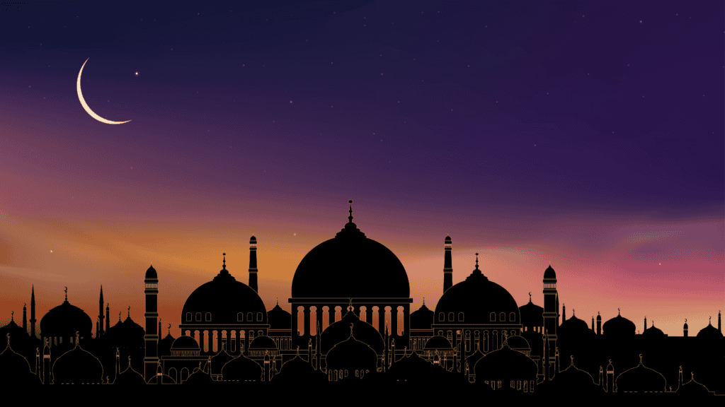 Imams Algériens pour le Ramadan 2026 : Découvrez Pourquoi Silhouette d'une mosquée avec la lune croissante au coucher du soleil.