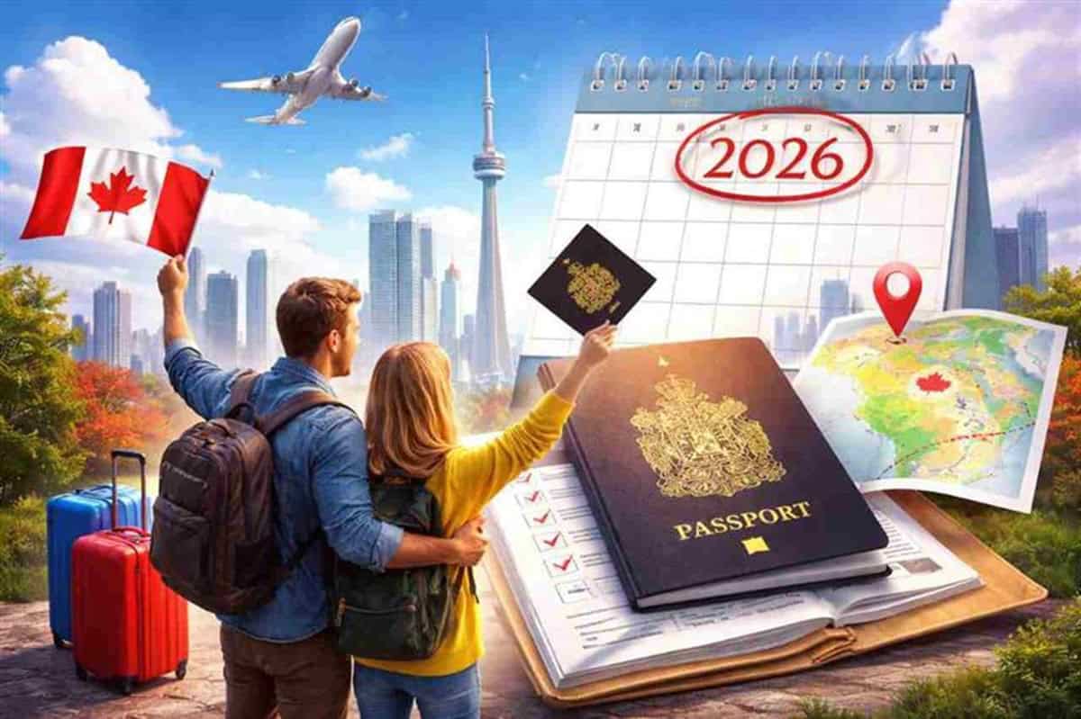 Canada 2026 : Modifications Majeures du Programme d’Immigration Entrée Express Voyageurs avec passeport et valises vers le Canada 2026.