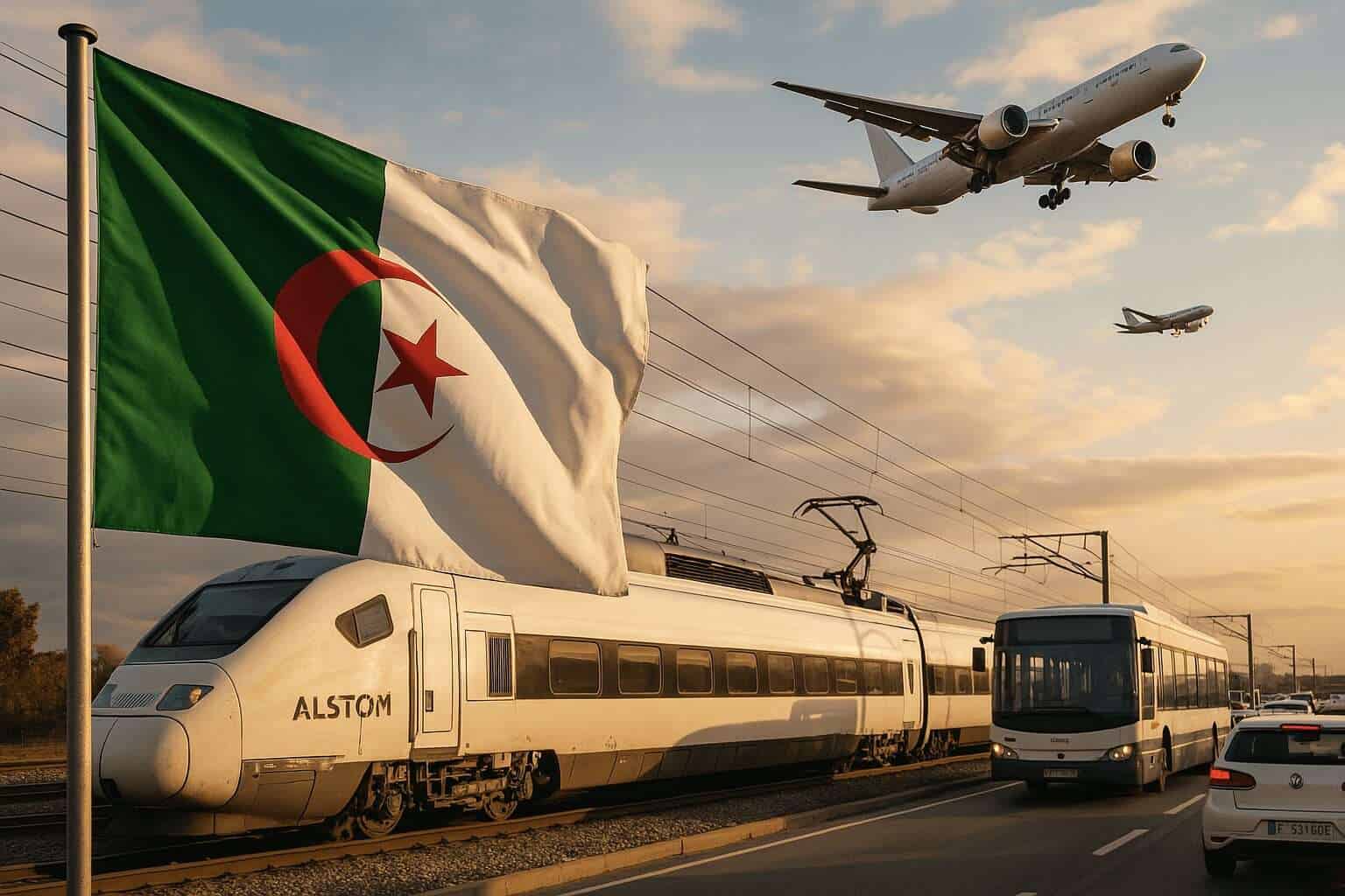 Transports en Algérie : des trajets quasi gratuits pour ce public Trains, avions et drapeau algérien au coucher du soleil.