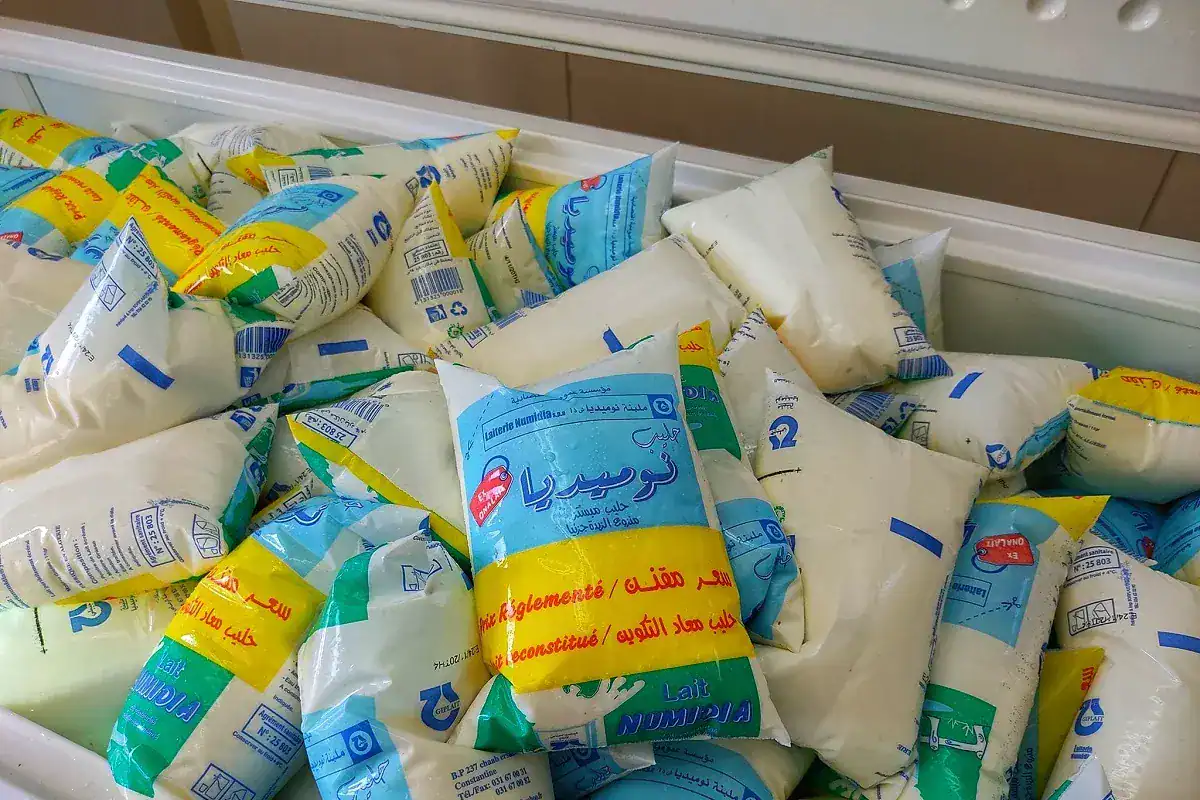 Découvrez le nouveau géant du lait en Algérie ! Paquets de lait en poudre dans un congélateur commercial.