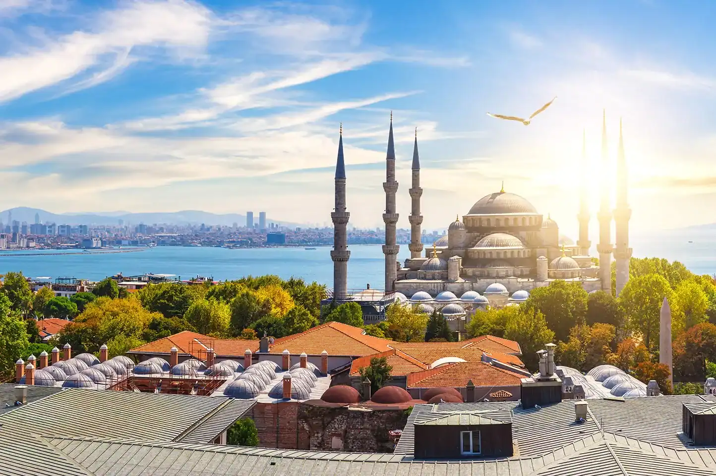 Ramadan 2026 : découvrez quels pays commencent en premier Vue panoramique de la mosquée avec minarets au lever du soleil.