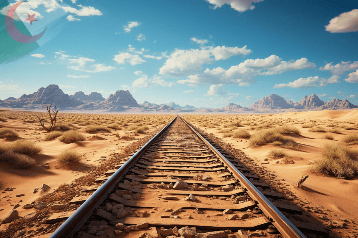 Un train stratégique relie enfin Tindouf à la Méditerranée Train traversant un désert aride avec montagnes en arrière-plan.