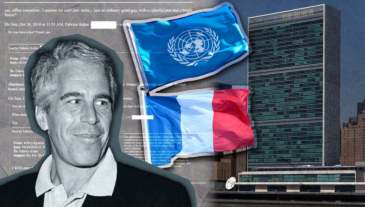 France et ONU Homme en premier plan avec drapeaux ONU et France en arrière-plan.