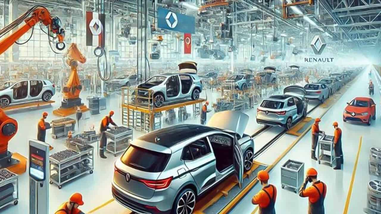 Ligne de production automobile Renault avec robots et ouvriers.