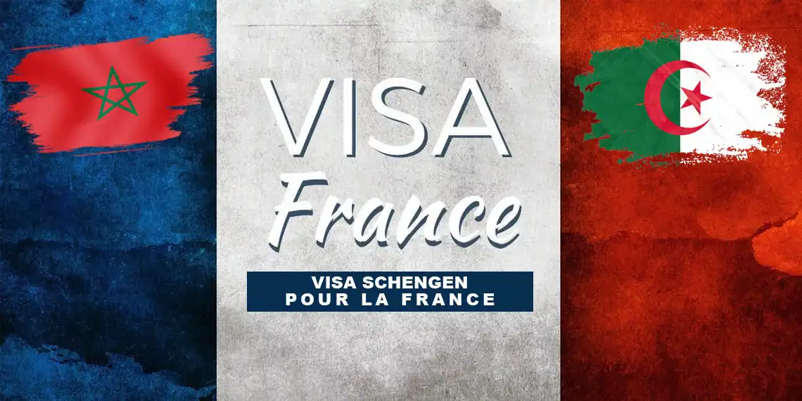 Drapeaux du Maroc, de l'Algérie et de la France avec texte Visa France.