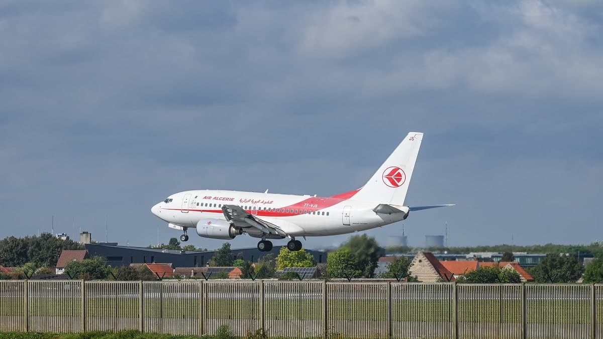Avion d'Air Algérie en vol au-dessus d'une zone résidentielle.