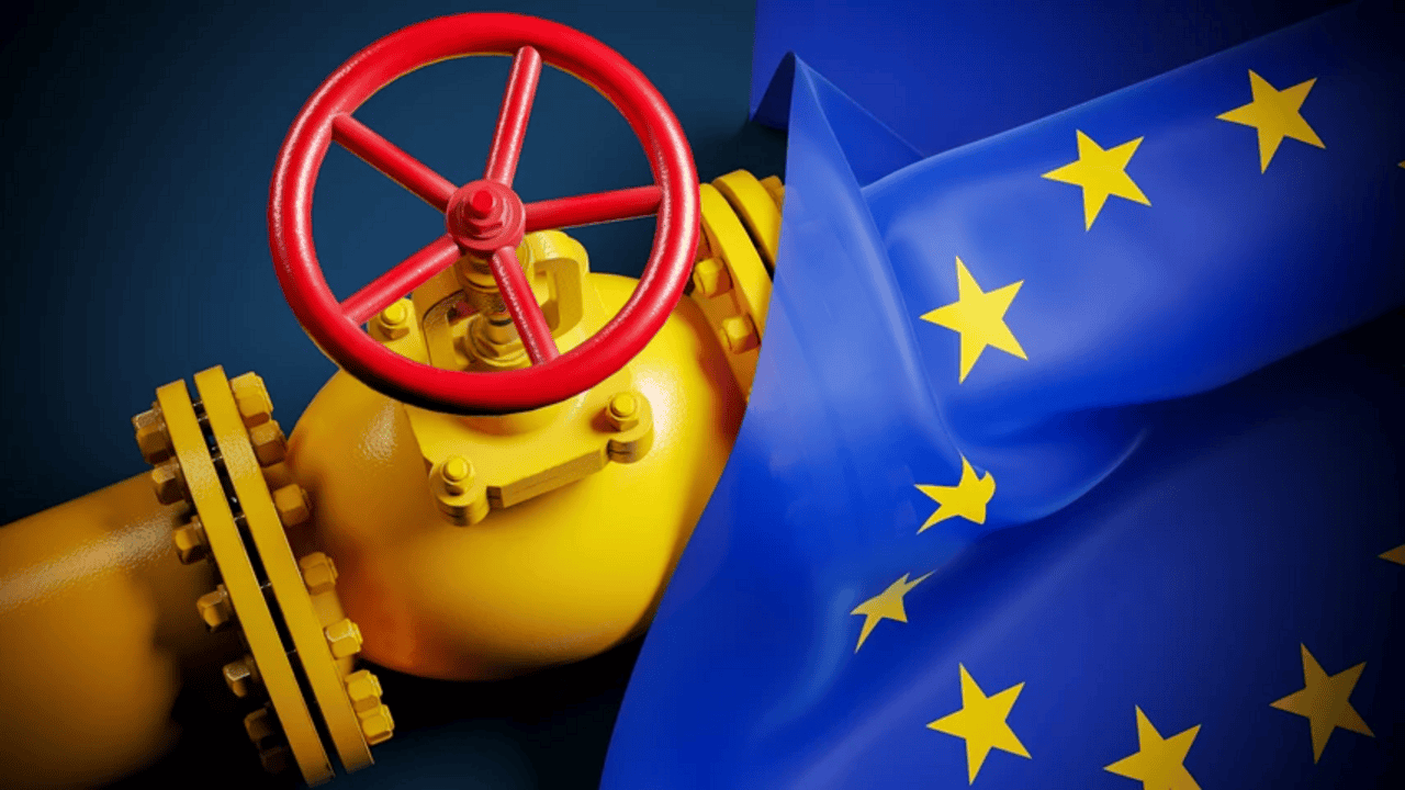 Gazoduc avec valve rouge et drapeau de l'UE en arrière-plan.