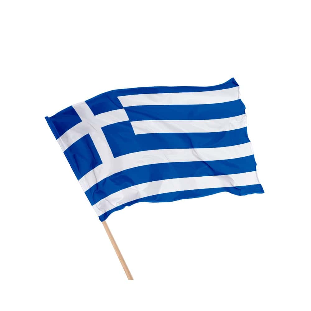 Visa Schengen 2026 : Découvrez le Programme Secret Drapeau grec flottant sur fond blanc.