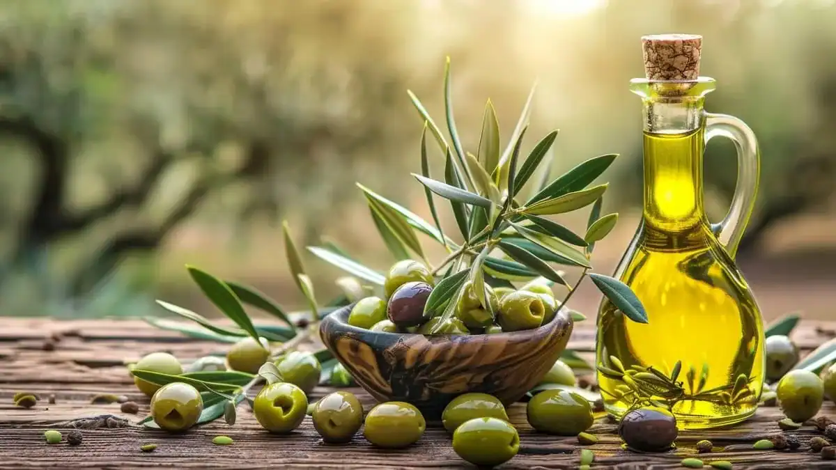 L’huile d’olive Dahbia d’Algérie établit un record inédit Huile d'olive extra vierge dans une bouteille en verre avec olives.