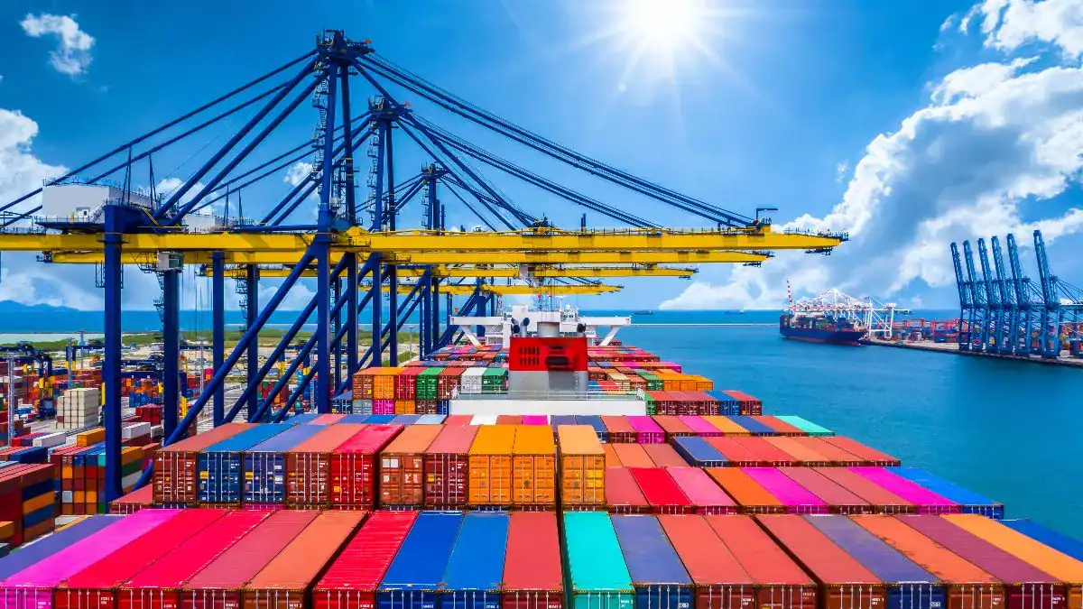 Décryptage : le PPI en Algérie, un défi majeur ! Vue d'un port de conteneurs avec des grues et des navires.