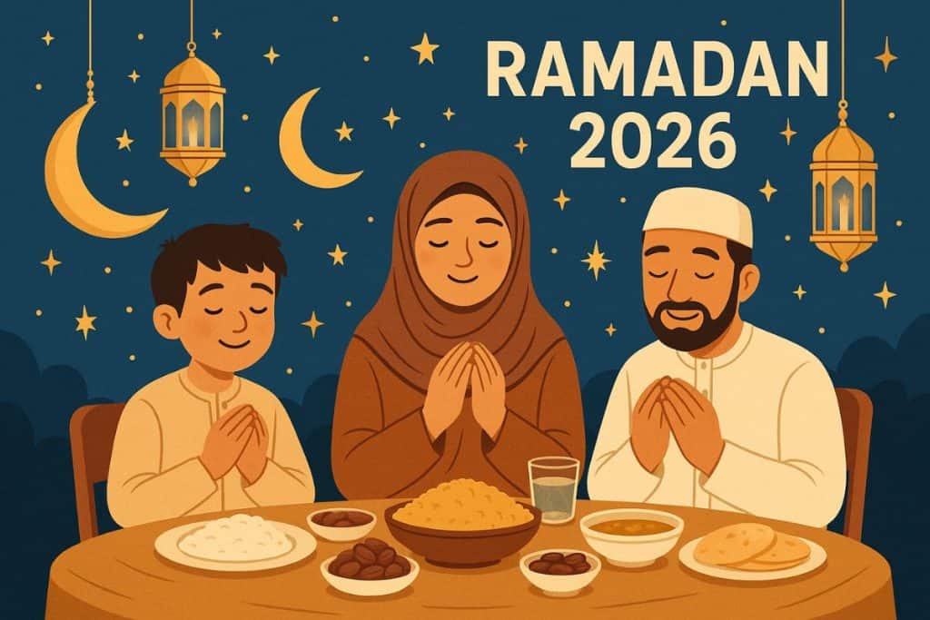 Ramadan 2026 : découvrez la date du début en Égypte Famille musulmane priant lors de Ramadan 2026 avec nourriture traditionnelle.